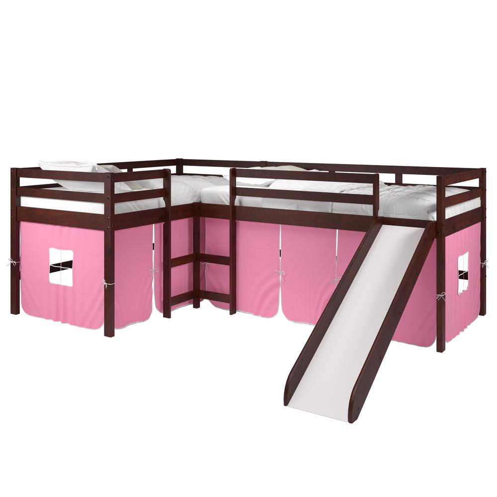 L-Shape Double Twin Loft Bed In Dark Cappuccino Finish