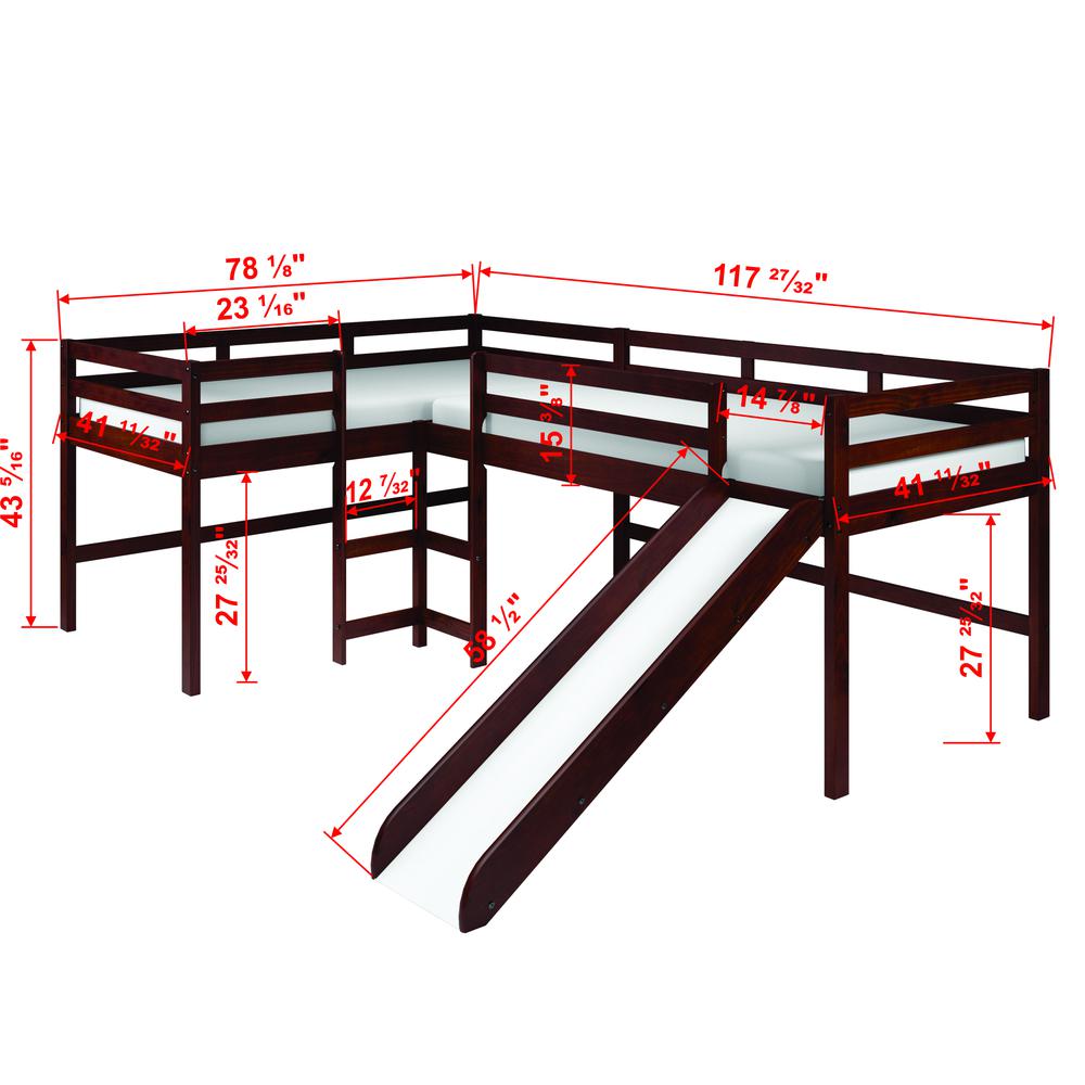 L-Shape Double Twin Loft Bed In Dark Cappuccino Finish