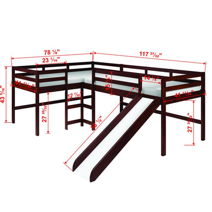 L-Shape Double Twin Loft Bed In Dark Cappuccino Finish