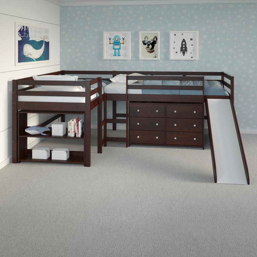 L-Shape Double Twin Loft Bed In Dark Cappuccino Finish