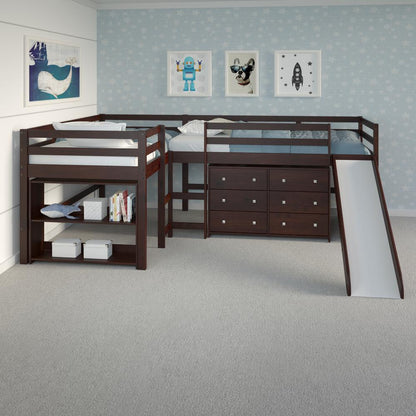 L-Shape Double Twin Loft Bed In Dark Cappuccino Finish
