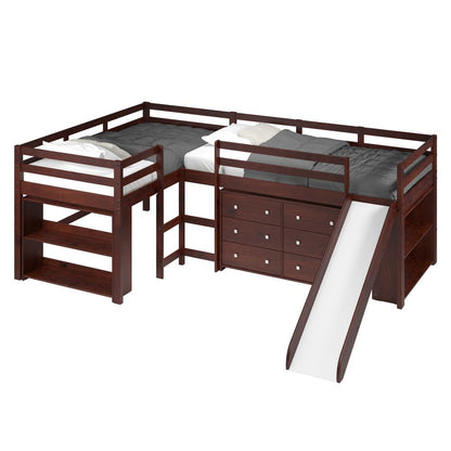 L-Shape Double Twin Loft Bed In Dark Cappuccino Finish