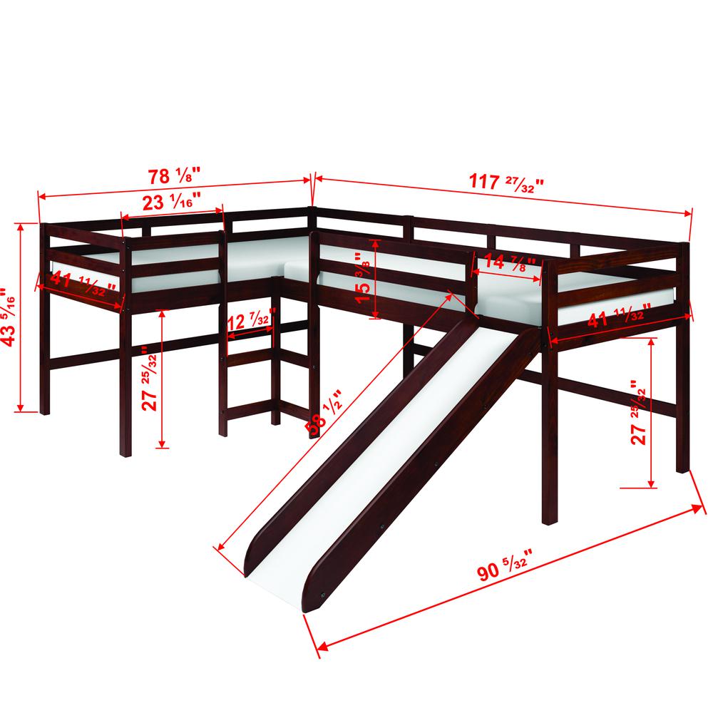 L-Shape Double Twin Loft Bed In Dark Cappuccino Finish