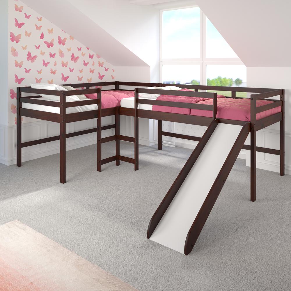 L-Shape Double Twin Loft Bed In Dark Cappuccino Finish
