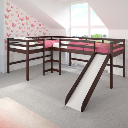 L-Shape Double Twin Loft Bed In Dark Cappuccino Finish