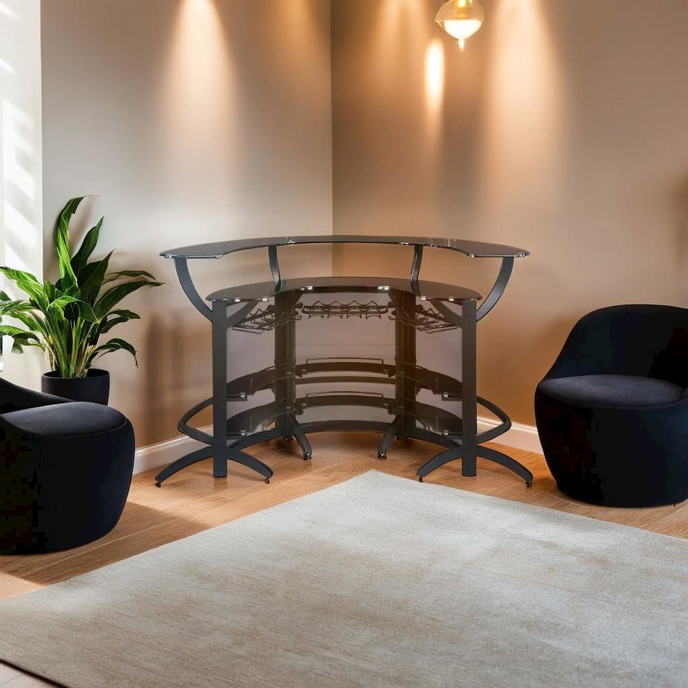 Sleek and Modern Two-Shelf Curved Bar Table in Black with Glass Accents