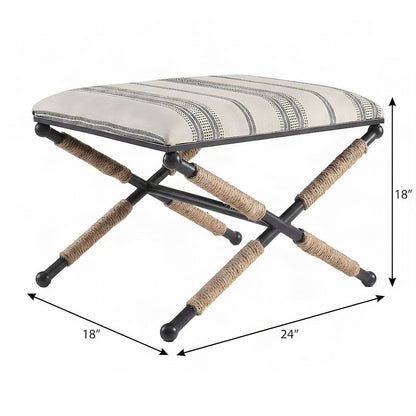 Woven Fabric-Upholstered Ottoman Bench with Iron X-Base Foot Stool, Beige