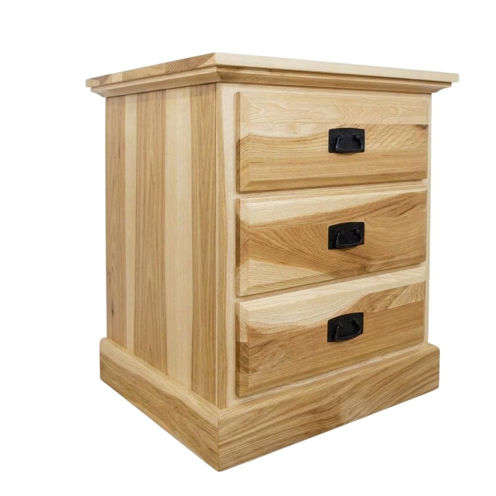 Light Wood 3 Drawer Nightstand, Solid Hickory Wood, Antiqued Bronze Hardware