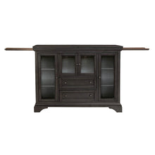 Gray Flip-Top Server Buffet Cabinet with Glass Doors and Drop Leaf Feature