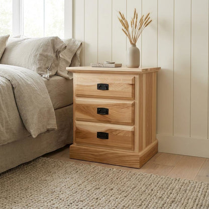 Light Wood 3 Drawer Nightstand, Solid Hickory Wood, Antiqued Bronze Hardware