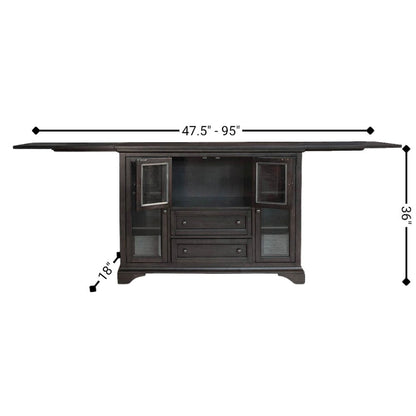 Gray Flip-Top Server Buffet Cabinet with Glass Doors and Drop Leaf Feature
