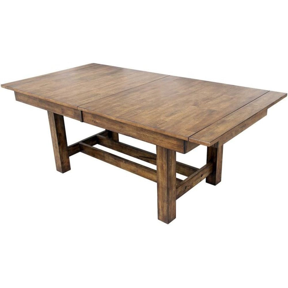 Brown Extendable Trestle Dining Table with Leaf, Rustic Table for 8