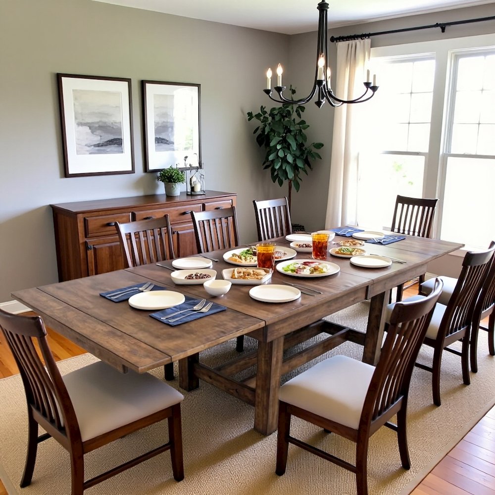 Brown Extendable Trestle Dining Table with Leaf, Rustic Table for 8
