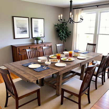 Brown Extendable Trestle Dining Table with Leaf, Rustic Table for 8