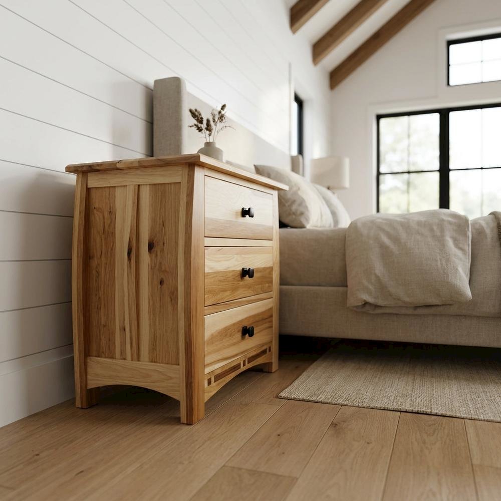 Natural Hickory Nightstand with Bronze Hardware and 3 Drawers