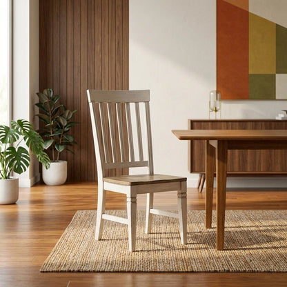 Smokey White & Peppercorn Side Chair with Slatback Design and Wooden Seat