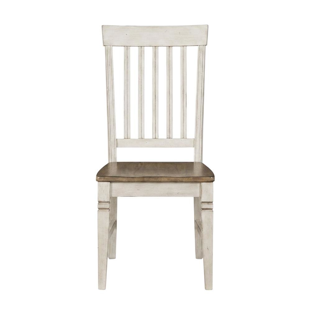 Smokey White & Peppercorn Side Chair with Slatback Design and Wooden Seat