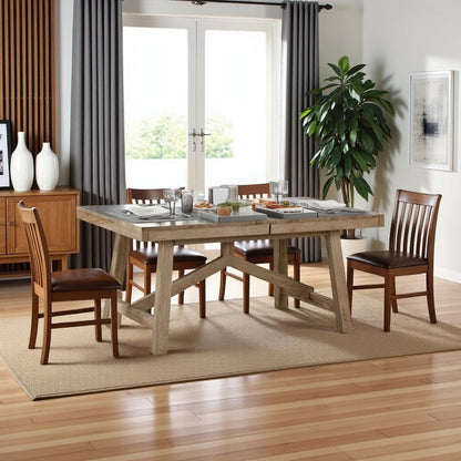 Rustic Extendable Dining Table with Leaf, Solid Trestle Table for 8 Guests