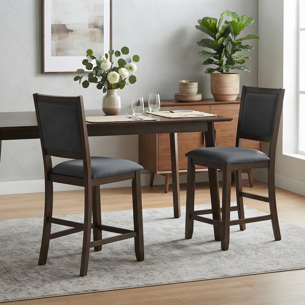 Solid Wood Fabric-Upholstered Counter Height Bar Stools, Set of 2, Falcon Brown