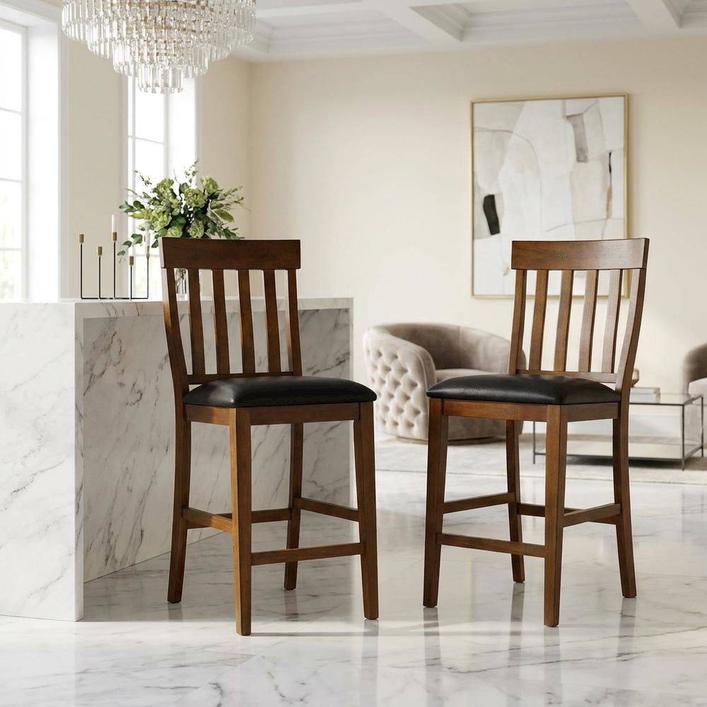 Rustic Whiskey Counter Stool Set with Upholstered Faux Leather Seats (2 Pack)