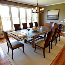 Brown Extendable Trestle Dining Table with Leaf, Rustic Table for 8