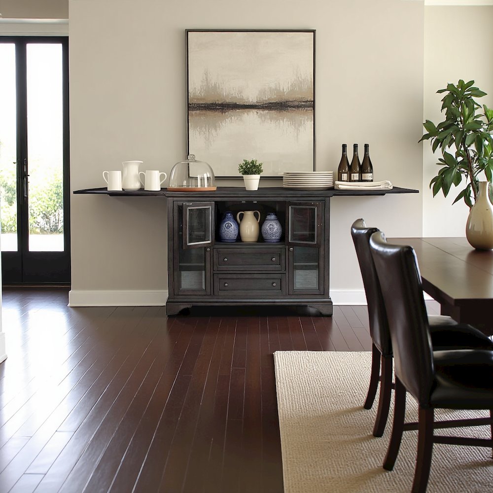 Gray Flip-Top Server Buffet Cabinet with Glass Doors and Drop Leaf Feature