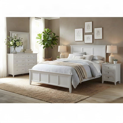 Solid Rubberwood King Panel Bed Frame with Headboard, Cottage, White Linen