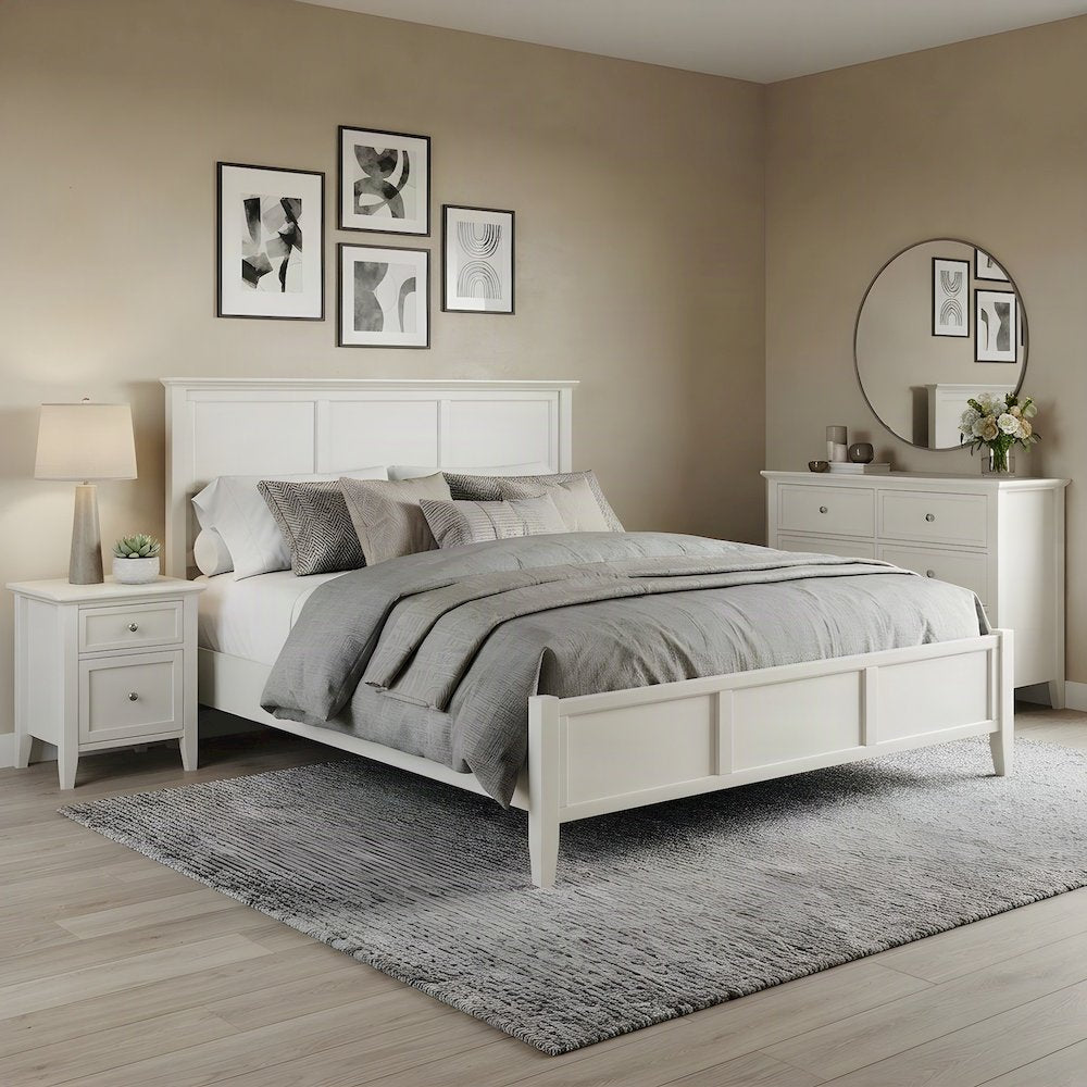 Solid Rubberwood King Panel Bed Frame with Headboard, Cottage, White Linen