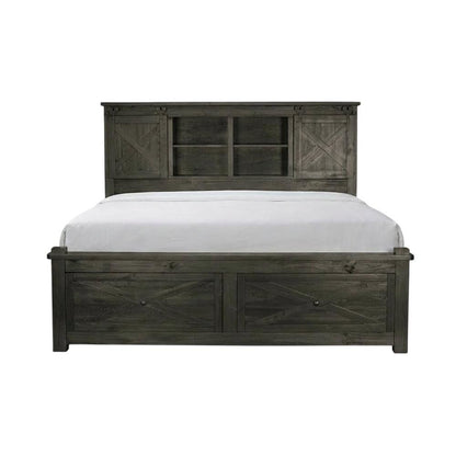 Charcoal Rustic Storage Bed with Integrated Bench and Solid Pine Construction