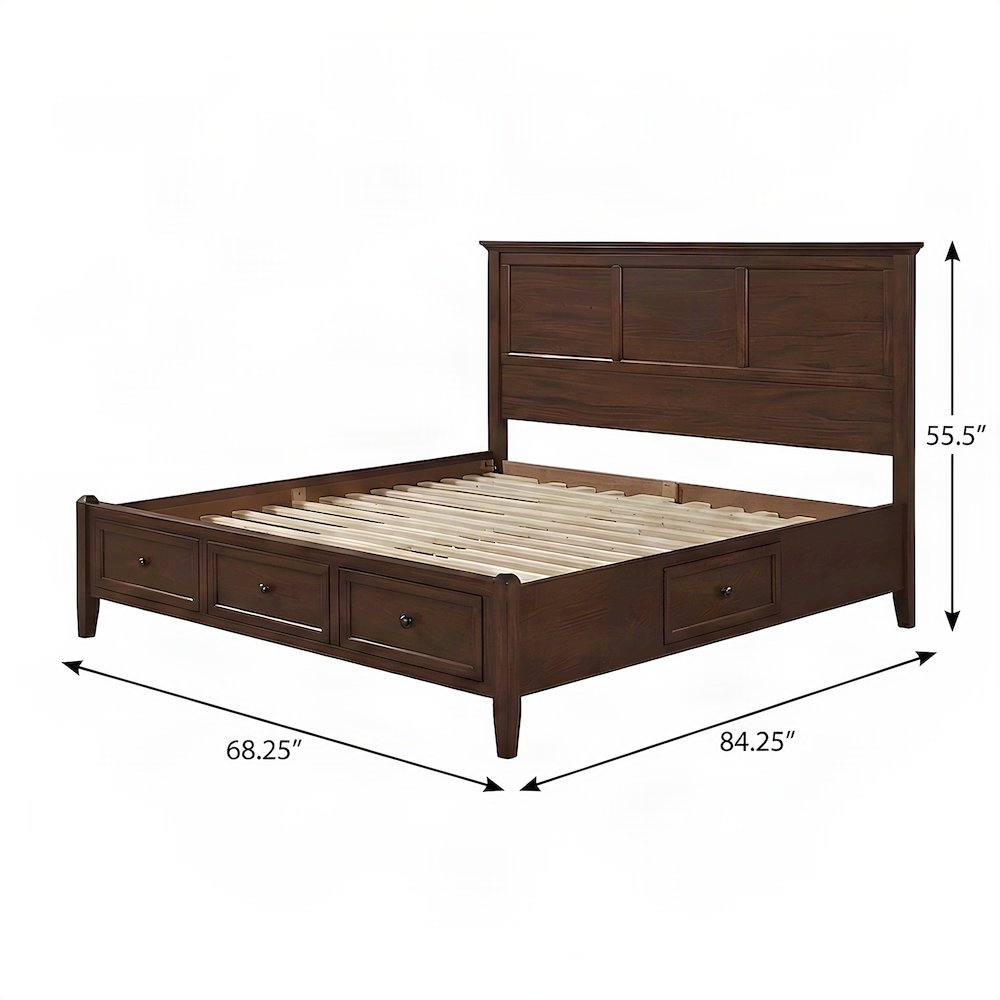 Solid Mahogany Queen Storage Bed Frame with Headboard, Cherry Brown