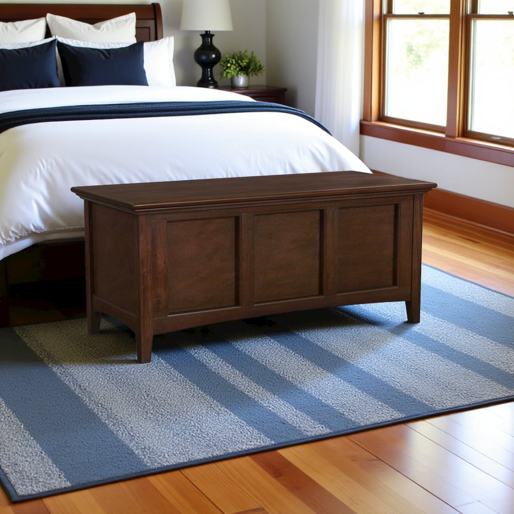 Cherry Brown Storage Bench with Trunk Lid, Wooden Chest for Bedroom Use