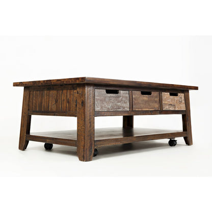 Rustic Solid Acacia 50" Coffee Table with Pull Through Drawers and Caster Wheels