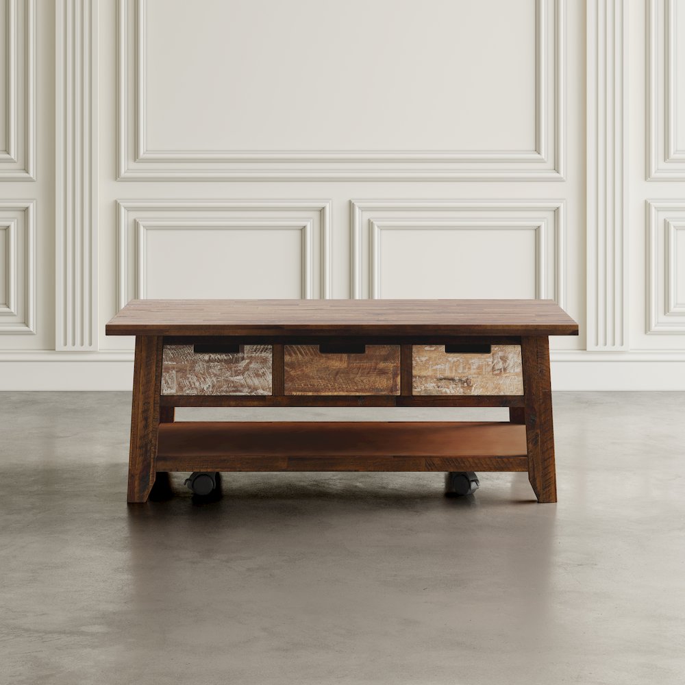 Rustic Solid Acacia 50" Coffee Table with Pull Through Drawers and Caster Wheels