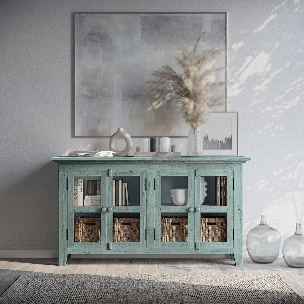Rustic Shores 54" Coastal Distressed Acacia Four-Door Credenza Cabinet