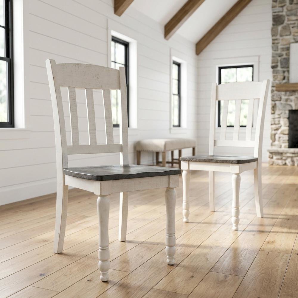 Pine Wood Rustic Slatback Farmhouse Dining Chairs, Vintage White, Set of 2