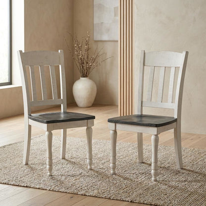 Pine Wood Rustic Slatback Farmhouse Dining Chairs, Vintage White, Set of 2