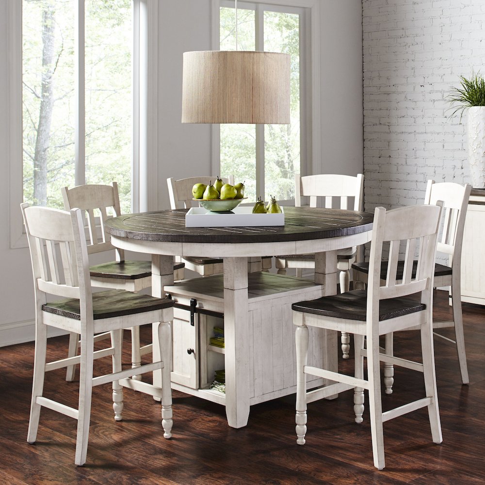 Farmhouse Seven Piece Reclaimed Solid Wood Counter Height Round Dining Set