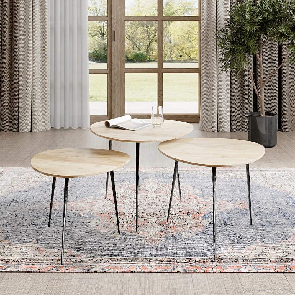 Reeves Abstract Contemporary Solid Acacia Wood Nesting End Tables (Set of 3)