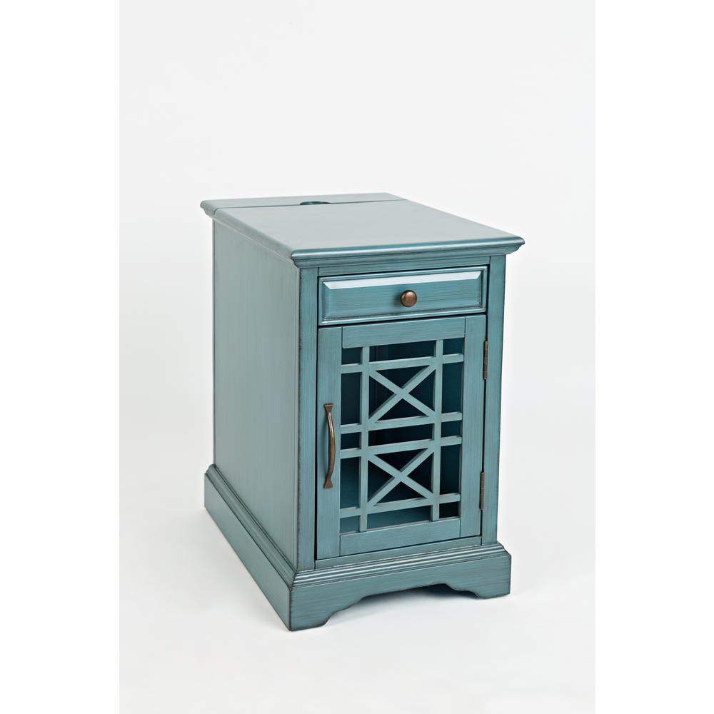 Blue Chairside End Table with USB Charging Ports, Acacia, Glass Construction