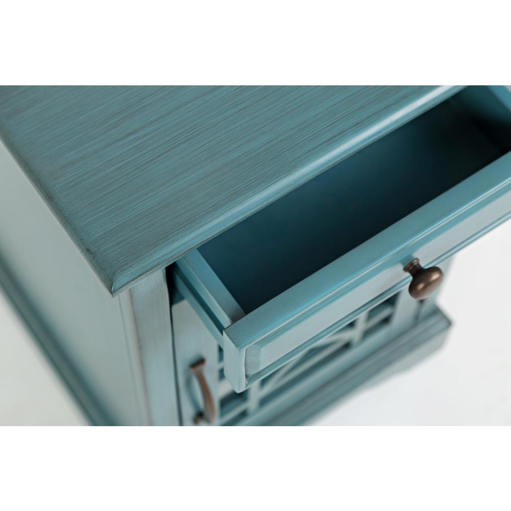 Blue Chairside End Table with USB Charging Ports, Acacia, Glass Construction