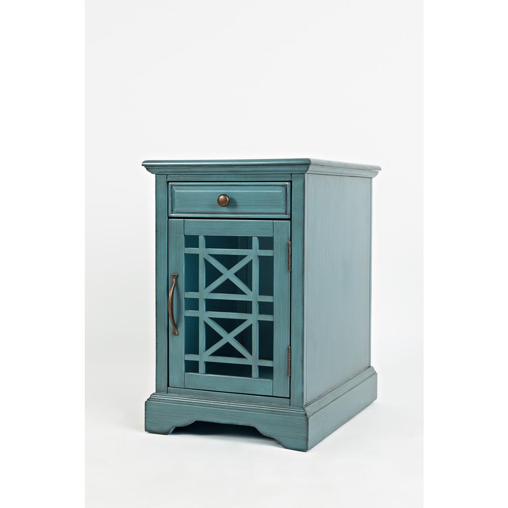 Blue Chairside End Table with USB Charging Ports, Acacia, Glass Construction