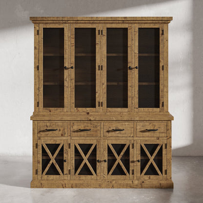 Telluride Rustic Farmhouse Solid Wood Sideboard Buffet Hutch with LED Lights