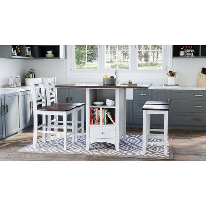 Solid Wood Farmhouse Storage Counter Drop Leaf Dining Table with Wine Rack