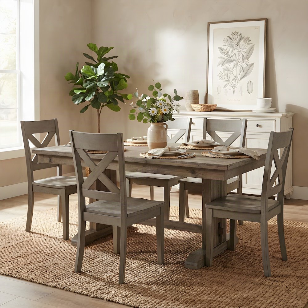 Distressed Solid Pine Farmhouse X-Back Kitchen Dining Chairs, Set of 2, Gray