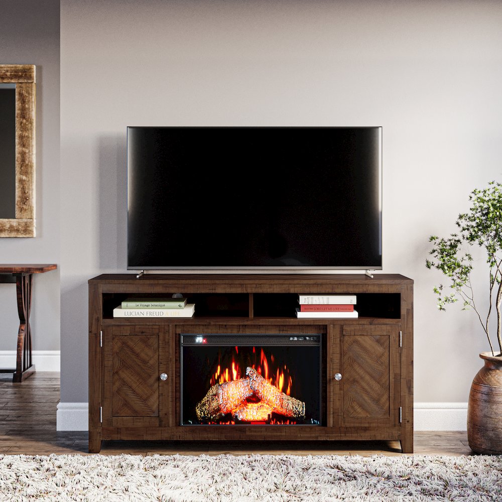 Modern Transitional 60" Chevron Fireplace Storage Console TV Stand