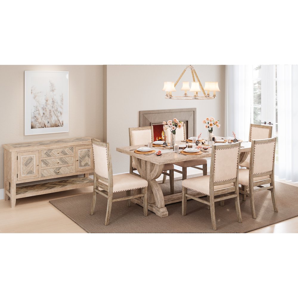 Fairview Transitional Modern Distressed 78" Seven-Piece Upholstered Dining Set