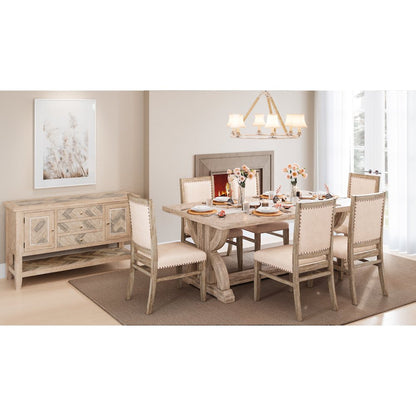 Fairview Transitional Modern Distressed 78" Seven-Piece Upholstered Dining Set