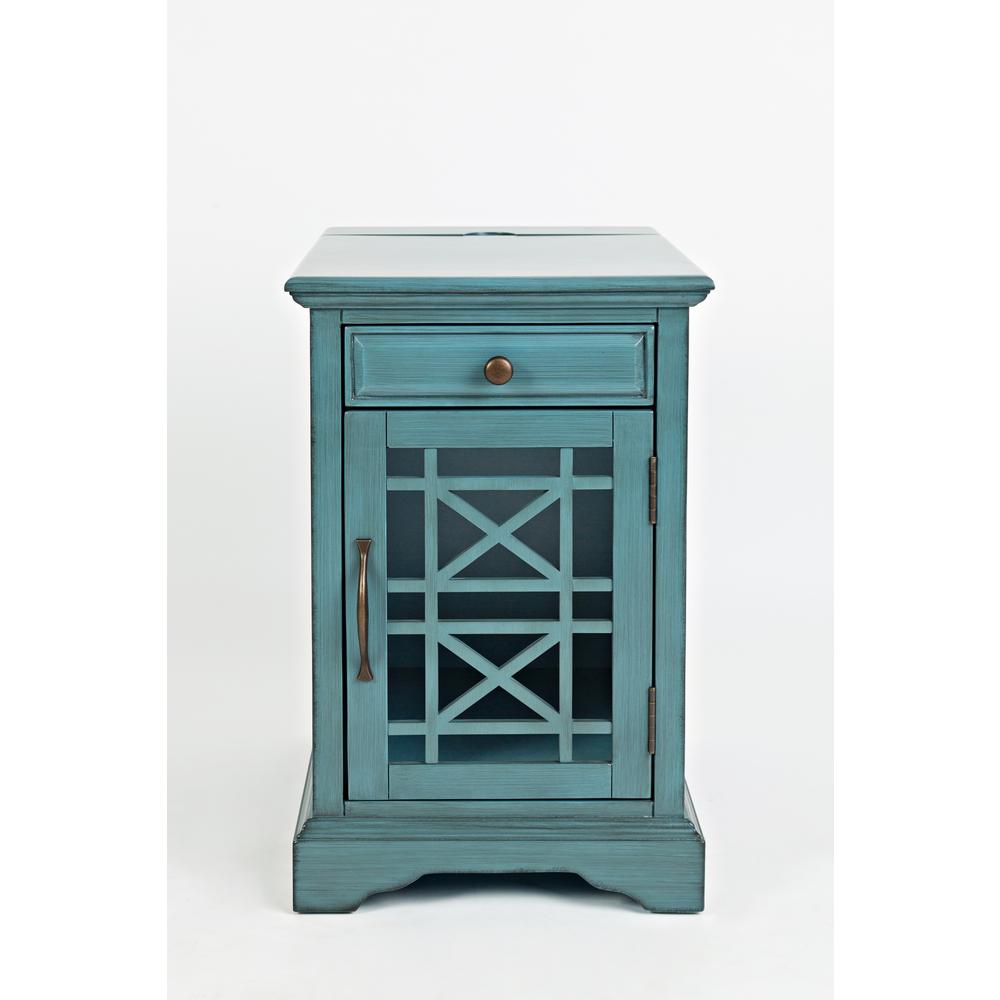 Blue Chairside End Table with USB Charging Ports, Acacia, Glass Construction