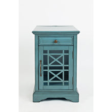 Blue Chairside End Table with USB Charging Ports, Acacia, Glass Construction