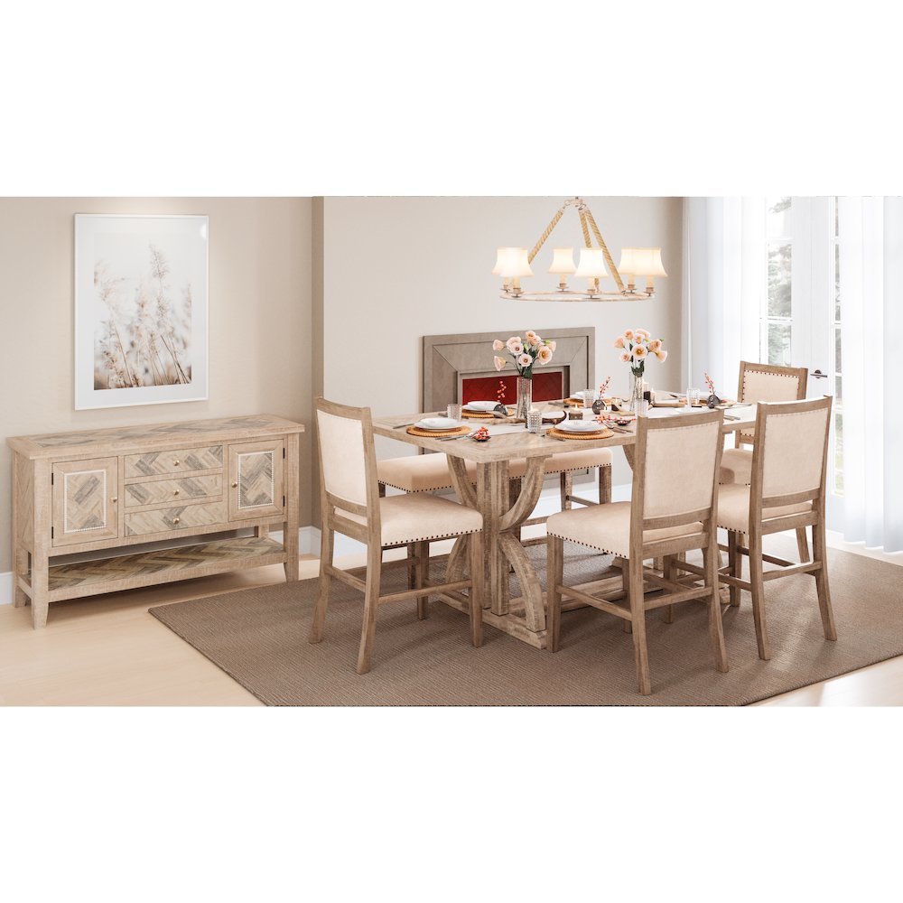Transitional Herringbone Distressed Acacia Counter Height 78" Dining Table